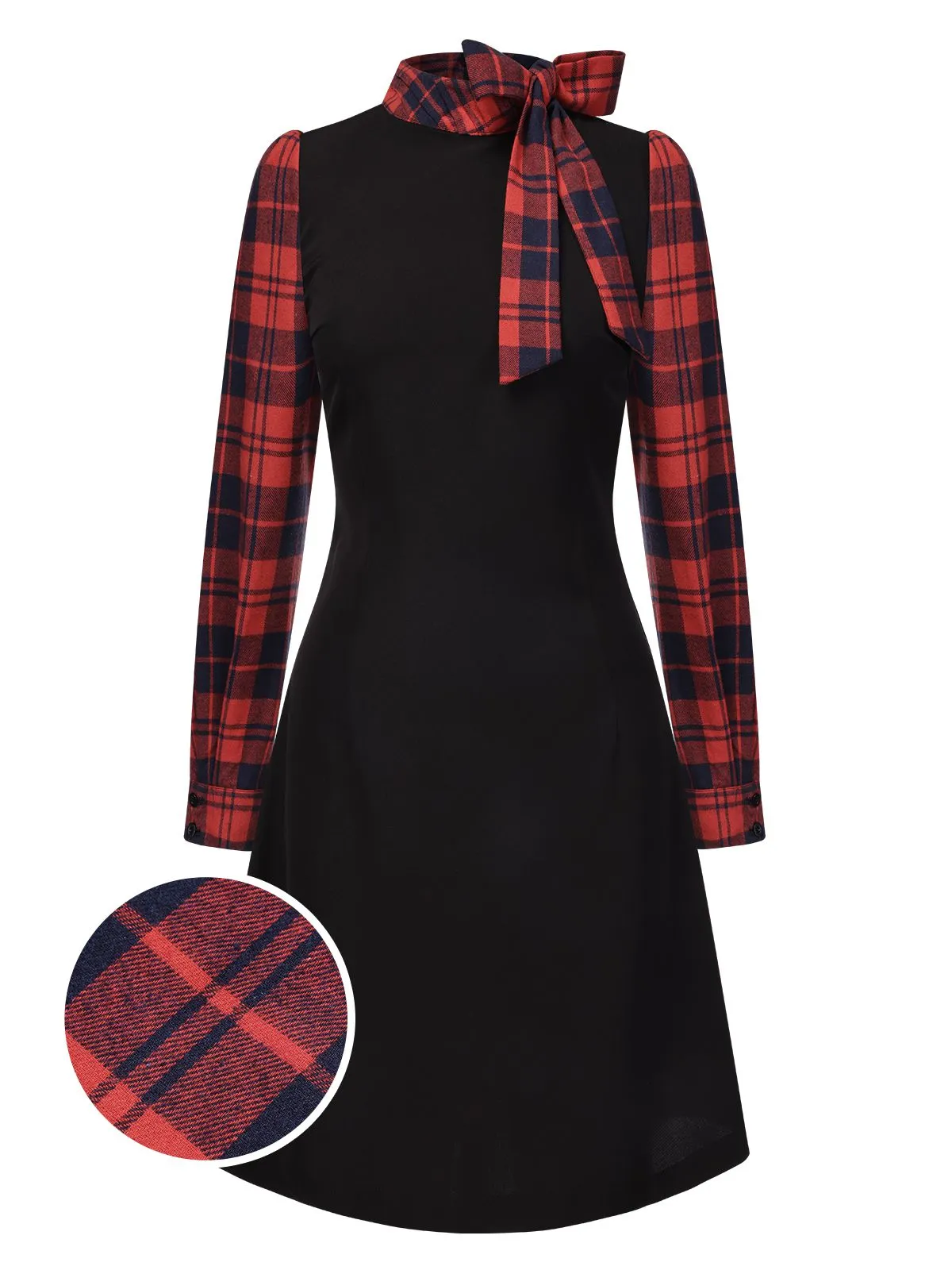 Black 1960s Tie Neck Plaids Bow Dress sold by Retro Stage product image thumbnail 3