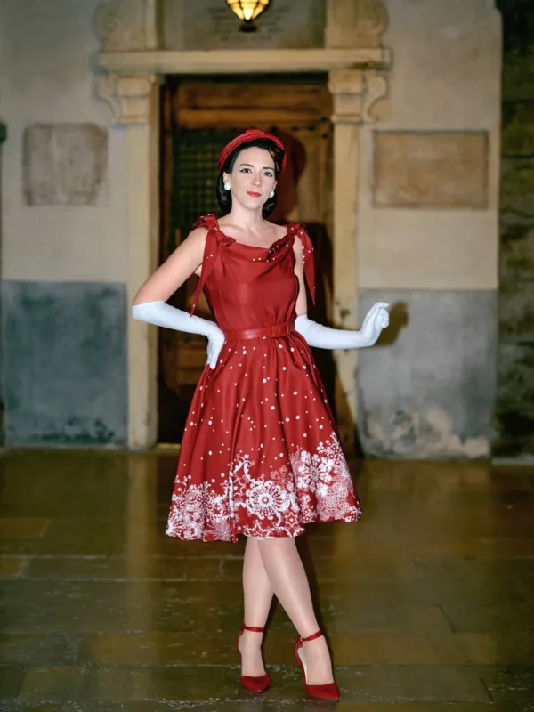Red 1950s Off-shoulder Snowflake Dress sold by Retro Stage