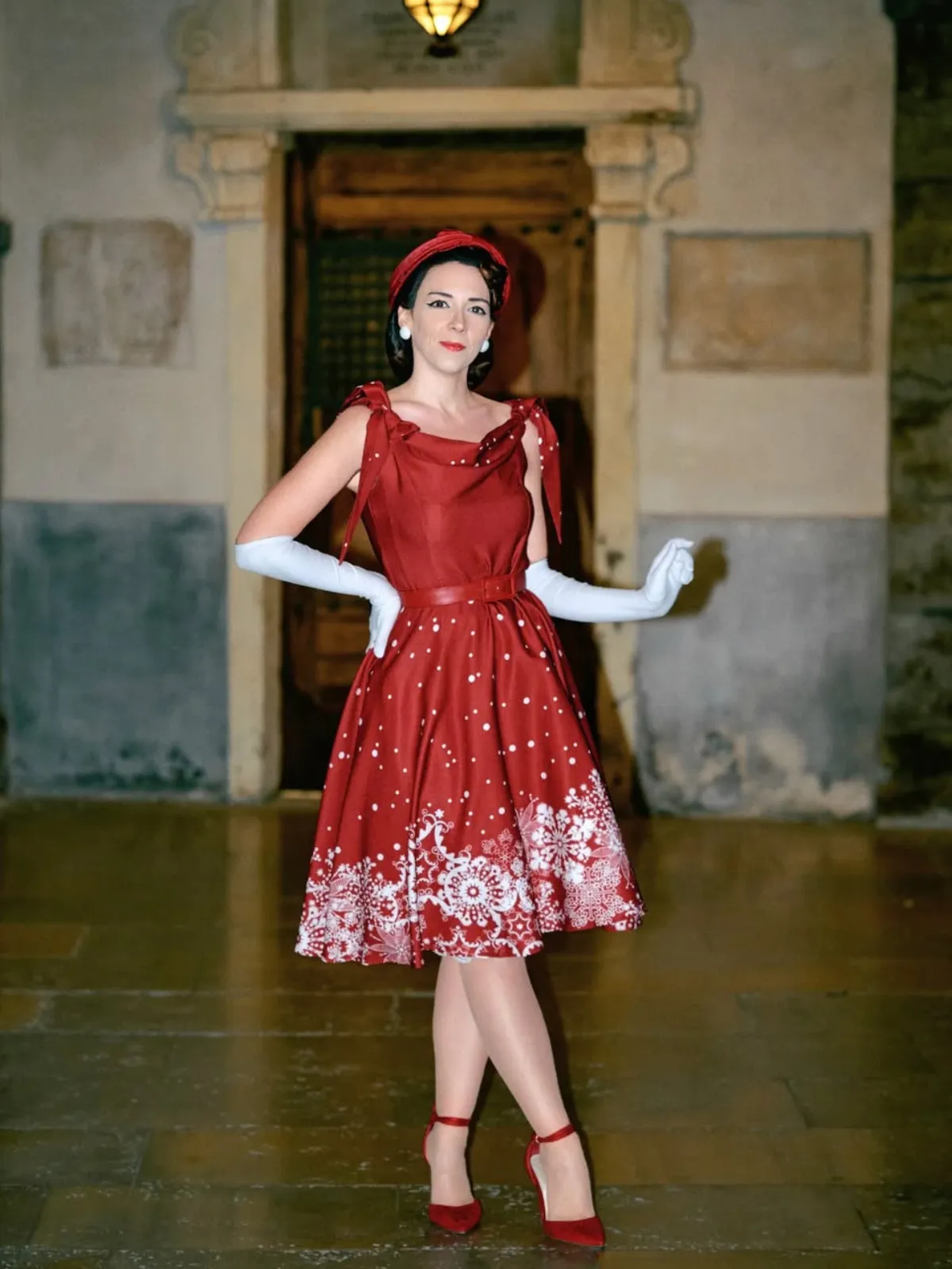 Red 1950s Off-shoulder Snowflake Dress sold by Retro Stage