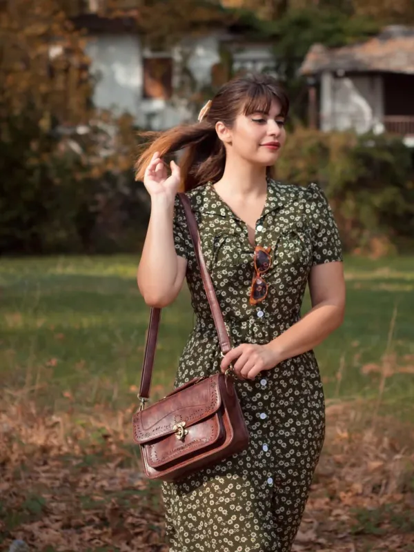 Green 1940s Lapel Buttons Ditsy Floral Dress sold by Retro Stage