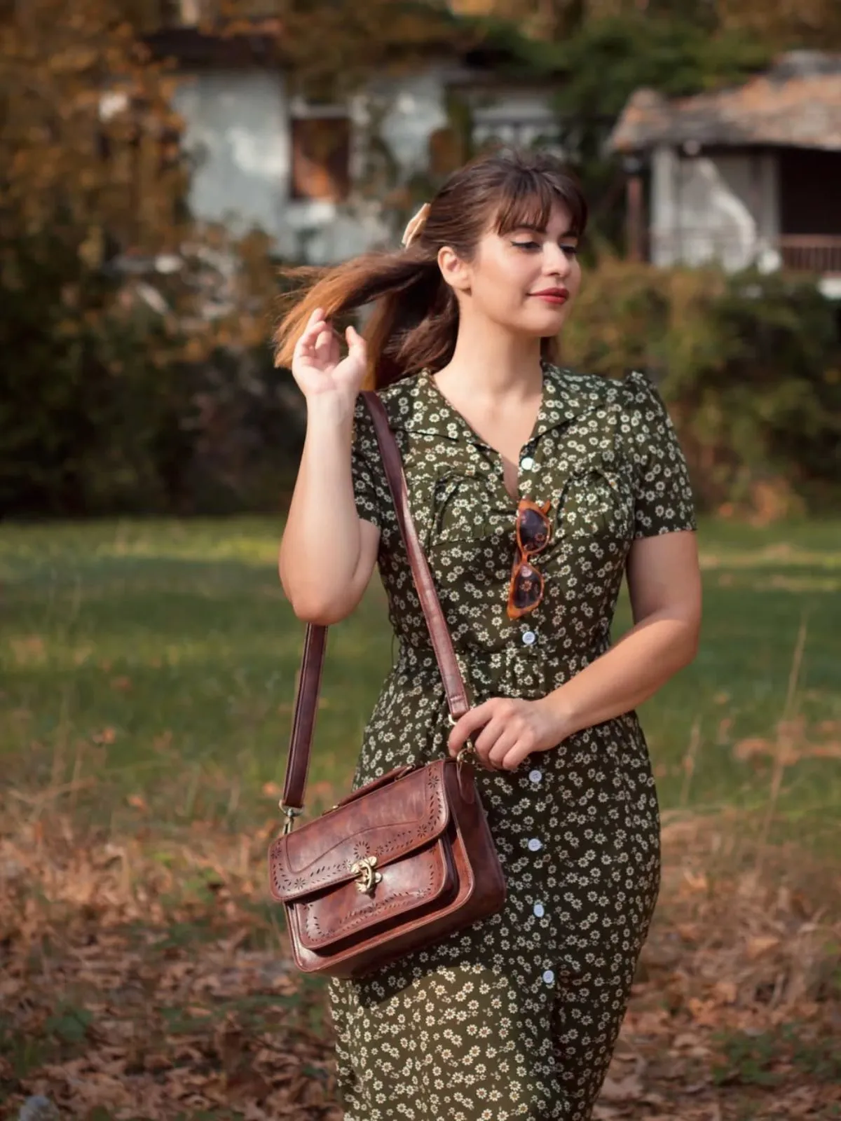 Green 1940s Lapel Buttons Ditsy Floral Dress sold by Retro Stage
