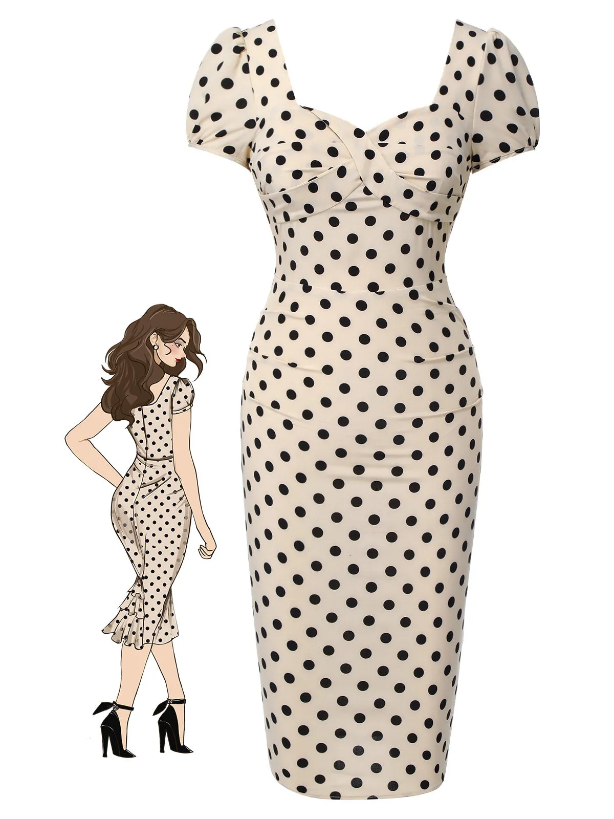 Beige 1960s Polka Dot Square Neck Puff Dress sold by Retro Stage product image thumbnail 2