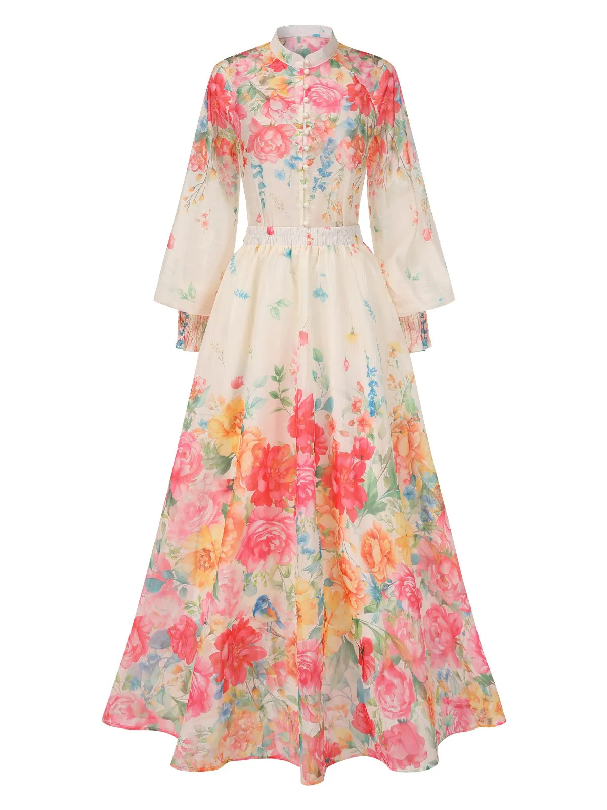 2PCS Multicolor 1970s Mandarin Collar Floral Blouse & Skirt sold by Retro Stage product image thumbnail 2