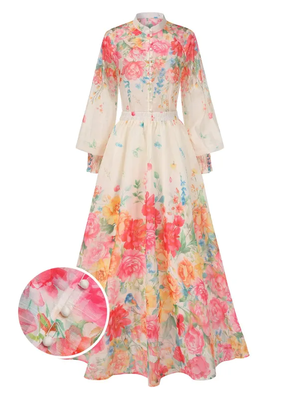 2PCS Multicolor 1970s Mandarin Collar Floral Blouse & Skirt sold by Retro Stage