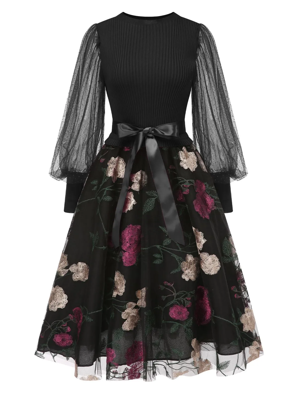 1950s Embroidered Floral Mesh Patchwork Dress sold by Retro Stage