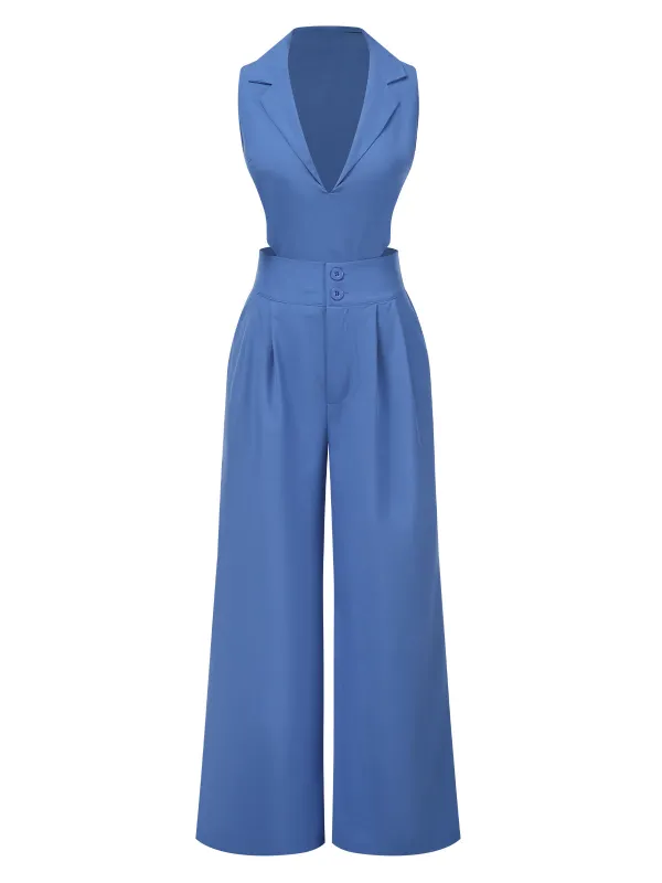 2PCS Blue 1940s Solid Top & Wide-leg Pants sold by Retro Stage