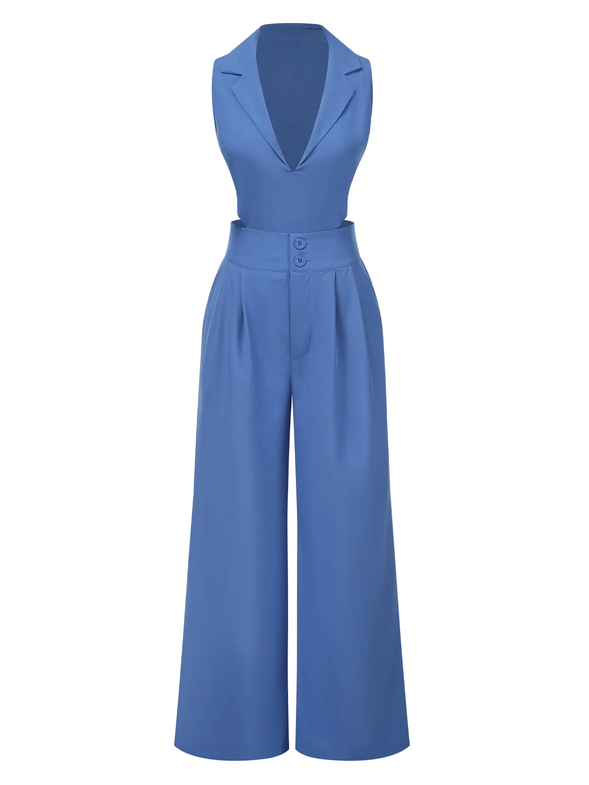 2PCS Blue 1940s Solid Top & Wide-leg Pants sold by Retro Stage