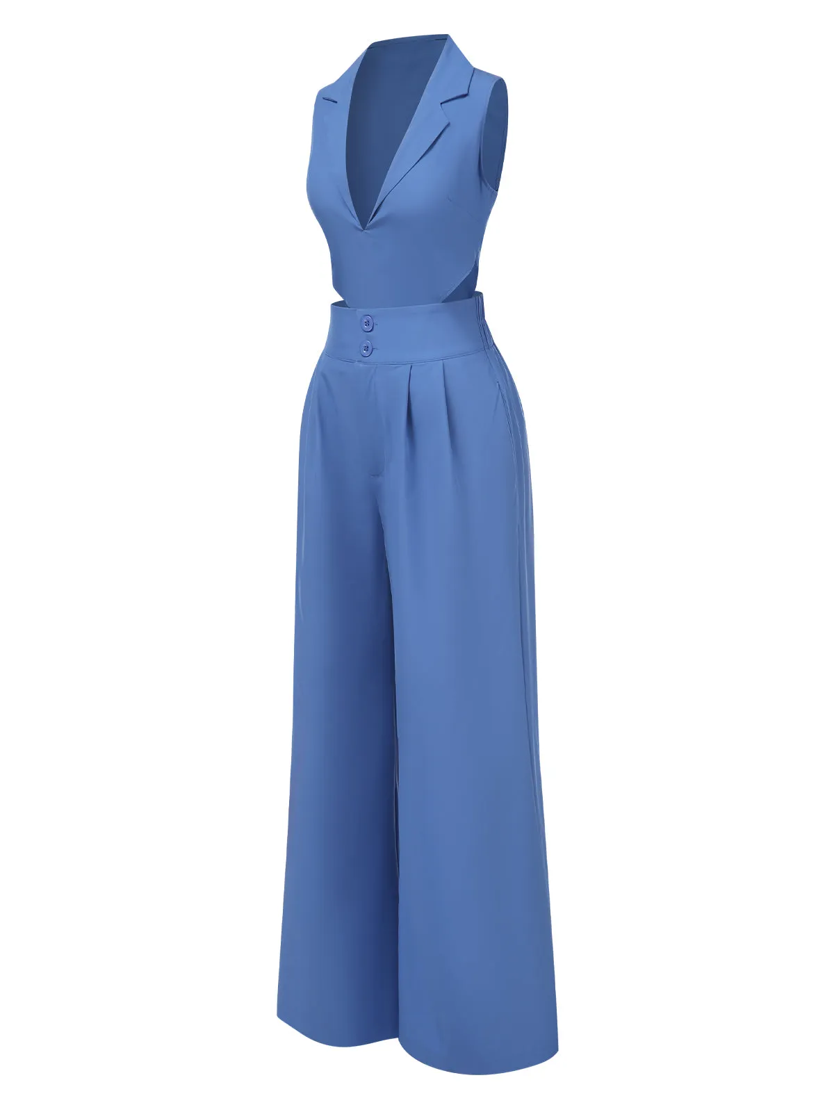 2PCS Blue 1940s Solid Top & Wide-leg Pants sold by Retro Stage product image thumbnail 2