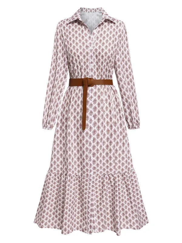1930s Lapel Printed Belted Long Sleeve Dress sold by Retro Stage