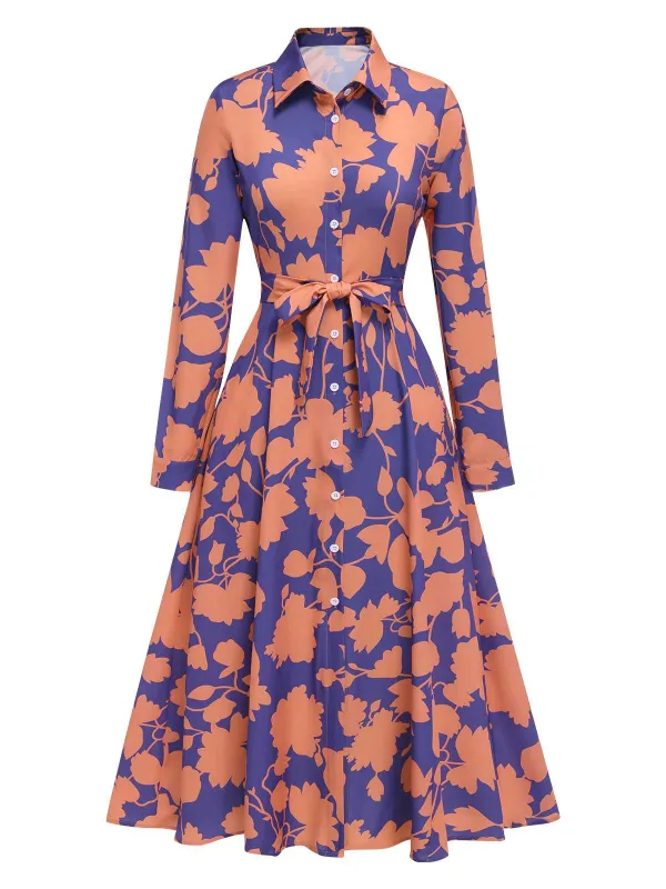 1940s Shirt Neck Floral Belted Dress sold by Retro Stage