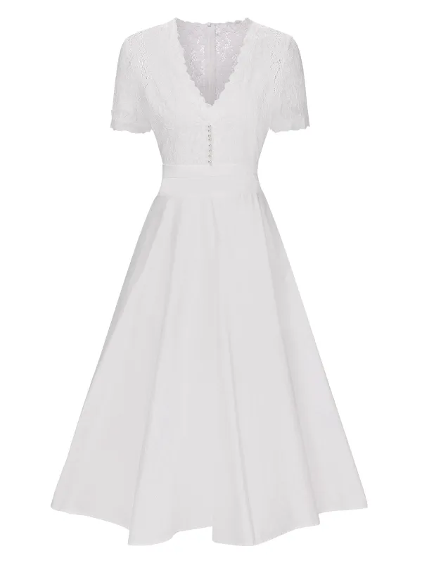 White 1940s V-Neck Lace Patchwork Dress sold by Retro Stage