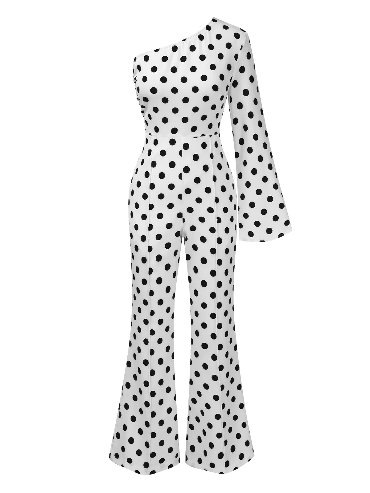 White 1970s Sloping Shoulders Polka Dot Jumpsuit sold by Retro Stage