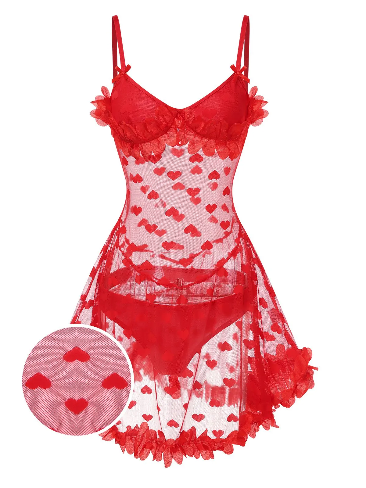 Red 1960s Heart Mesh Flower Edge Nightdress sold by Retro Stage product image thumbnail 2