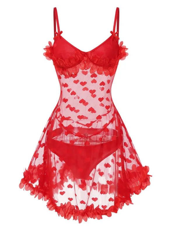 Red 1960s Heart Mesh Flower Edge Nightdress sold by Retro Stage