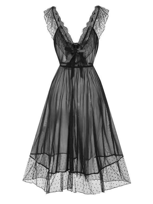 Black 1940s Lace Trim Dots Sheer Nightgown sold by Retro Stage