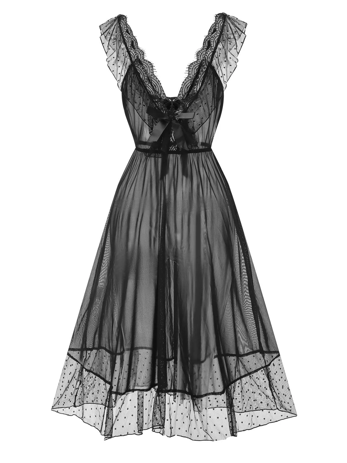 Black 1940s Lace Trim Dots Sheer Nightgown sold by Retro Stage