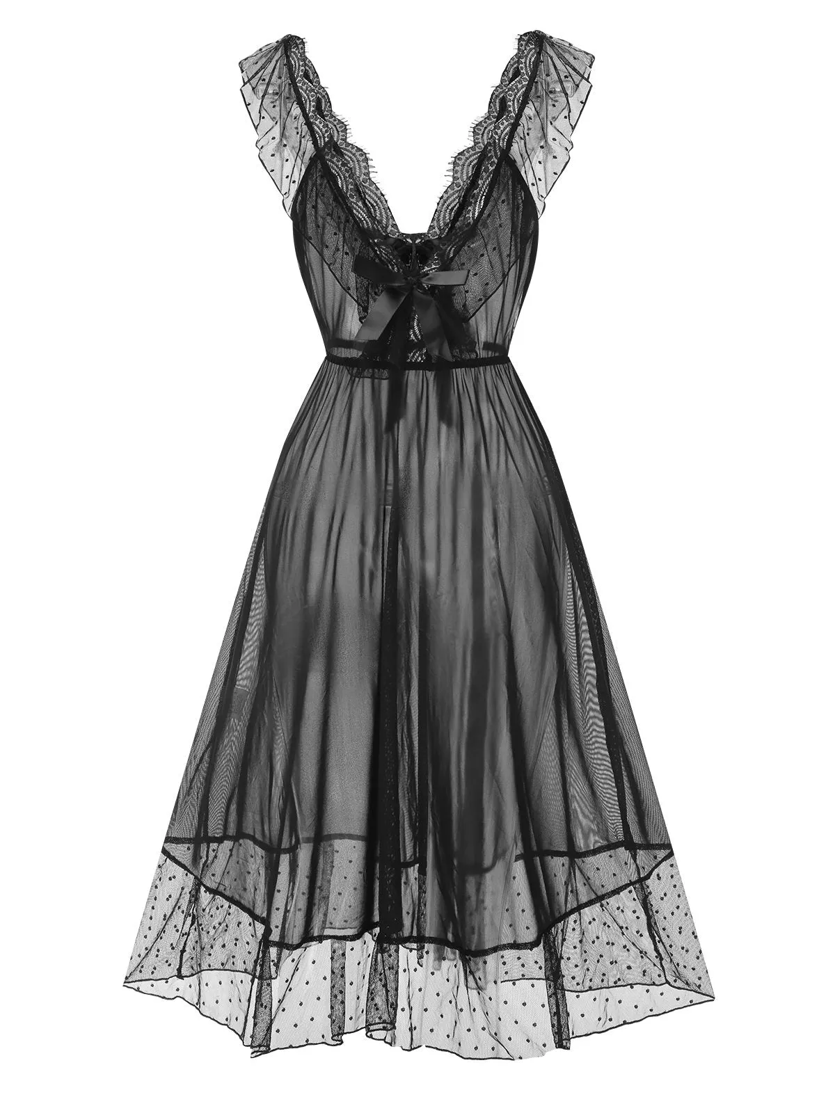Black 1940s Lace Trim Dots Sheer Nightgown sold by Retro Stage product image thumbnail 3