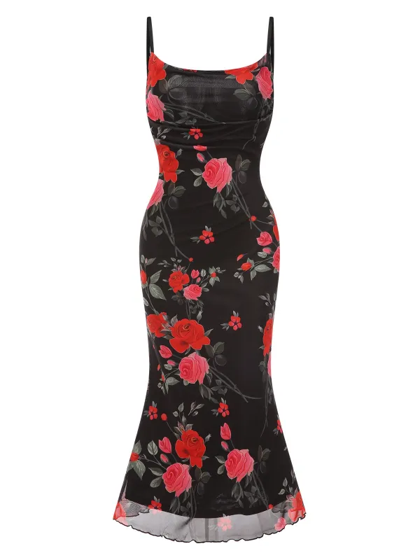 Black 1930s Roses Mesh Straps Mermaid Dress sold by Retro Stage