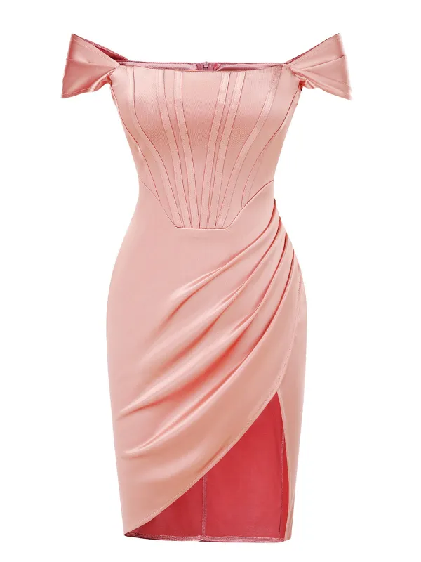 Peach Pink 1960s Solid Cap Sleeves Satin Dress sold by Retro Stage