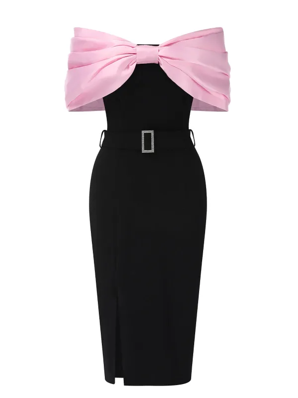 Pink & Black 1960s Bow Off-Shoulder Belted Dress sold by Retro Stage