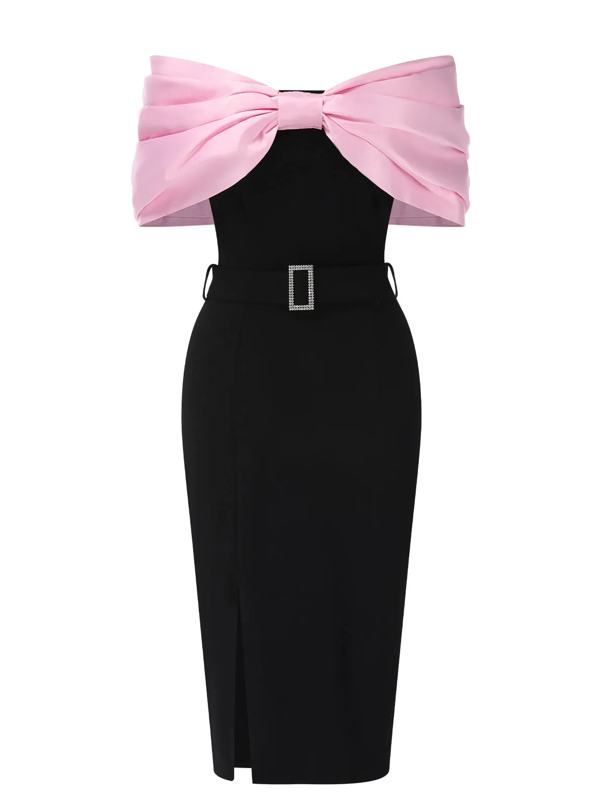 Pink & Black 1960s Bow Off-Shoulder Belted Dress sold by Retro Stage