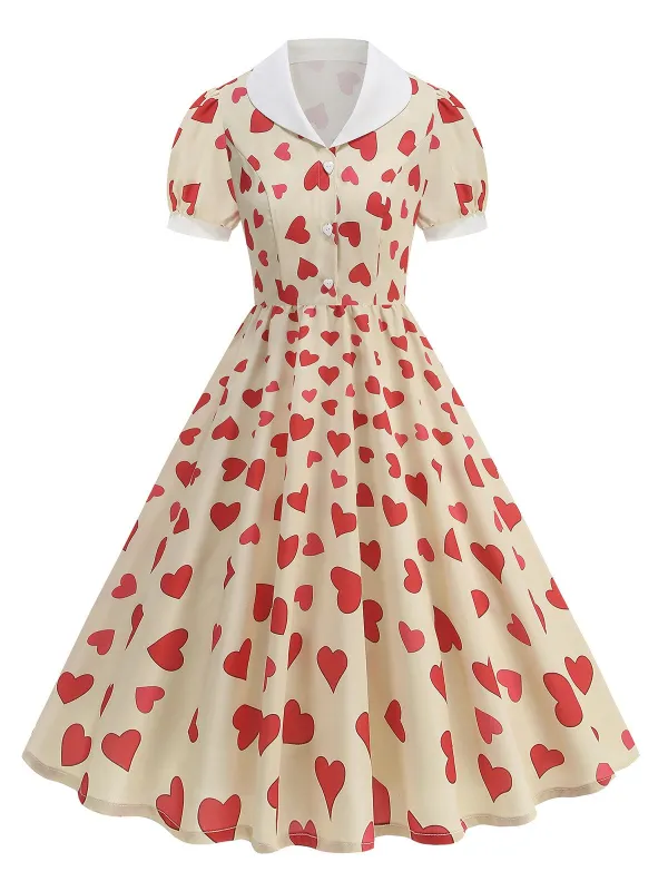 Beige 1950s Hearts Puff Sleeves Lapel Dress sold by Retro Stage