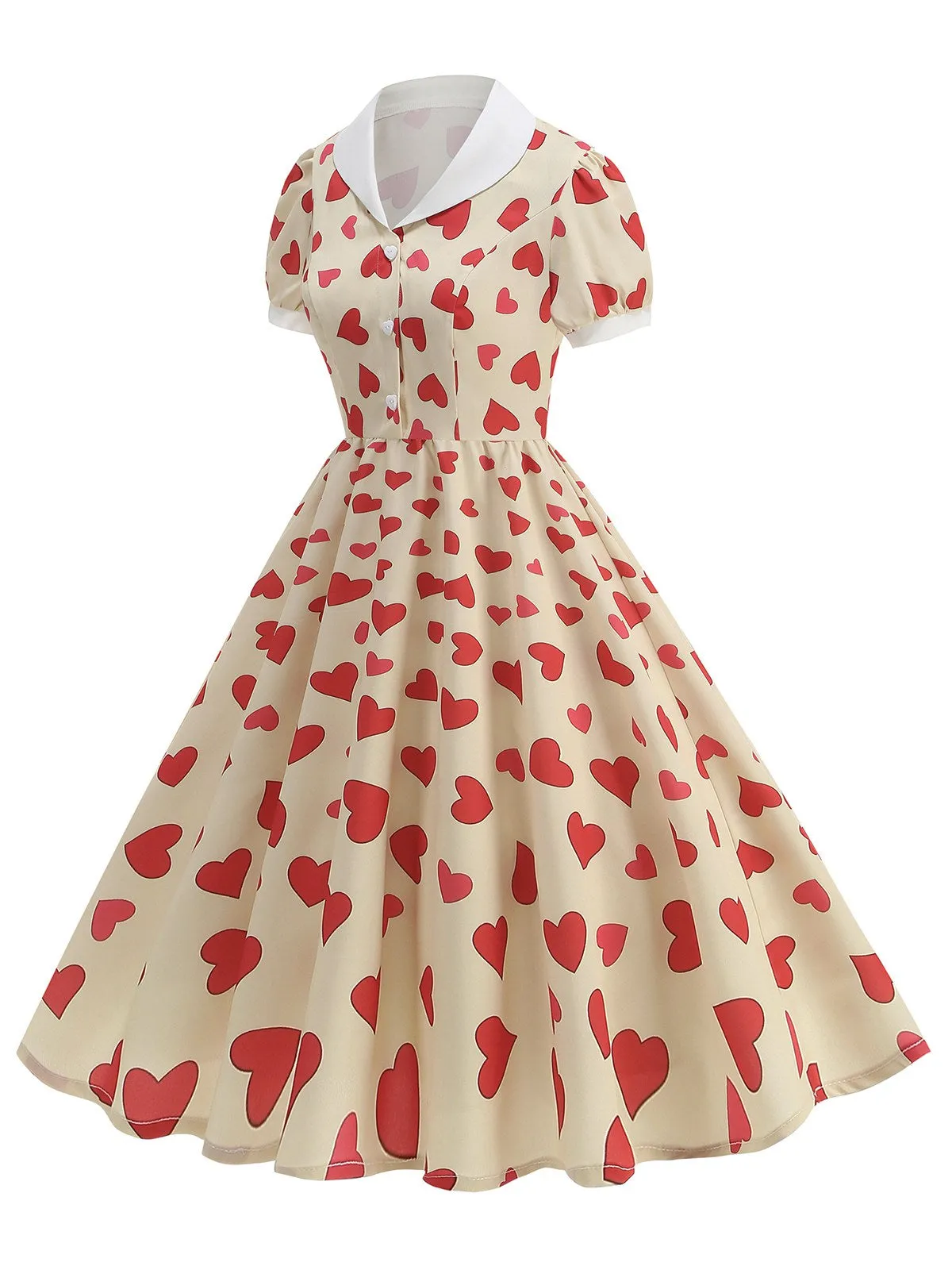Beige 1950s Hearts Puff Sleeves Lapel Dress sold by Retro Stage product image thumbnail 2