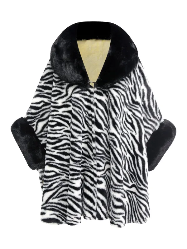 Black 1970s Zebra Fur Collar Cape Coat sold by Retro Stage
