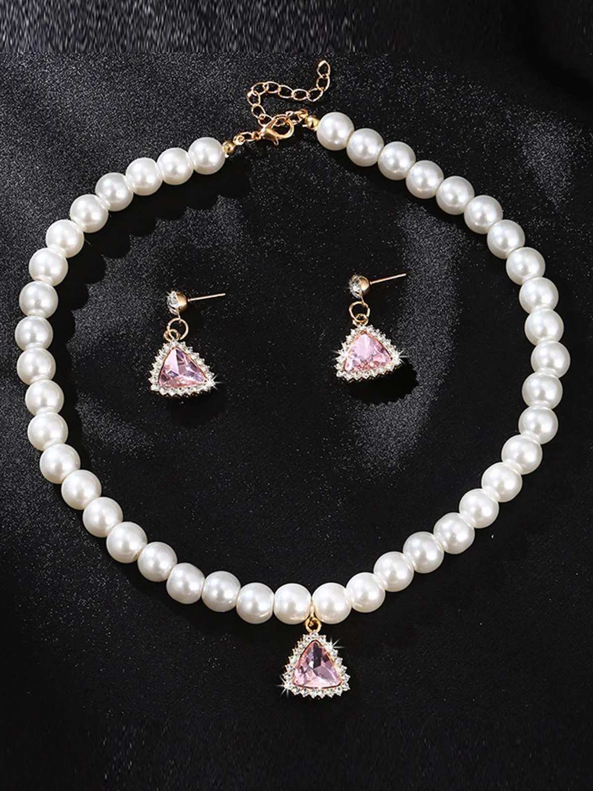 Valentine Imitation Pearl Necklace & Rhinestoned Earrings Set sold by Retro Stage