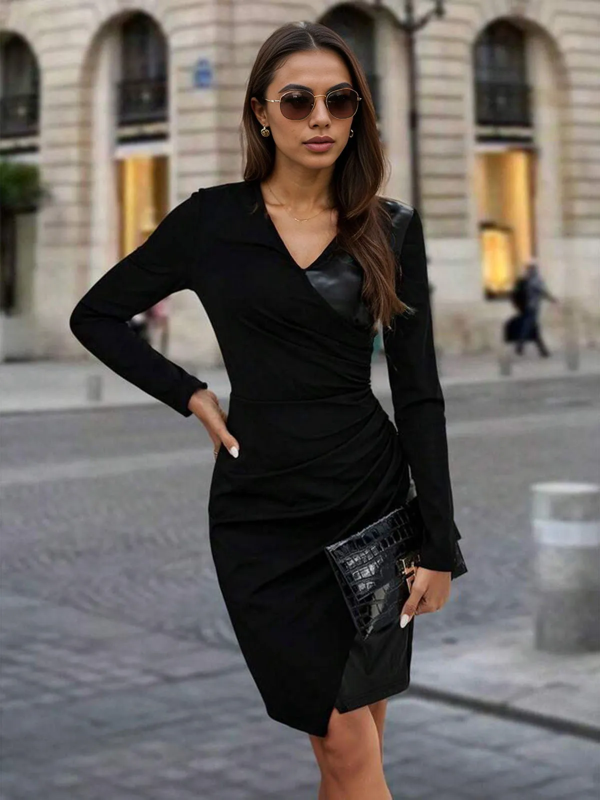 Black 1960s V-Neck Leather Patchwork Bodycon Dress sold by Retro Stage product image thumbnail 3