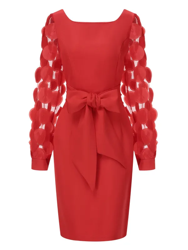 Red 1960s Solid Bow 3D Flowers Mesh Dress sold by Retro Stage