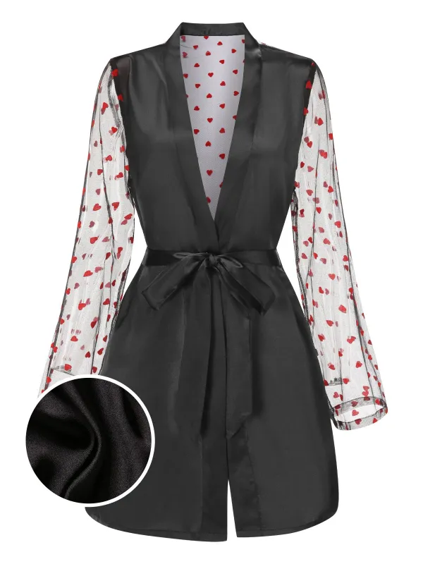 Black 1950s Hearts Dots Mesh Satin Sleep Robe sold by Retro Stage