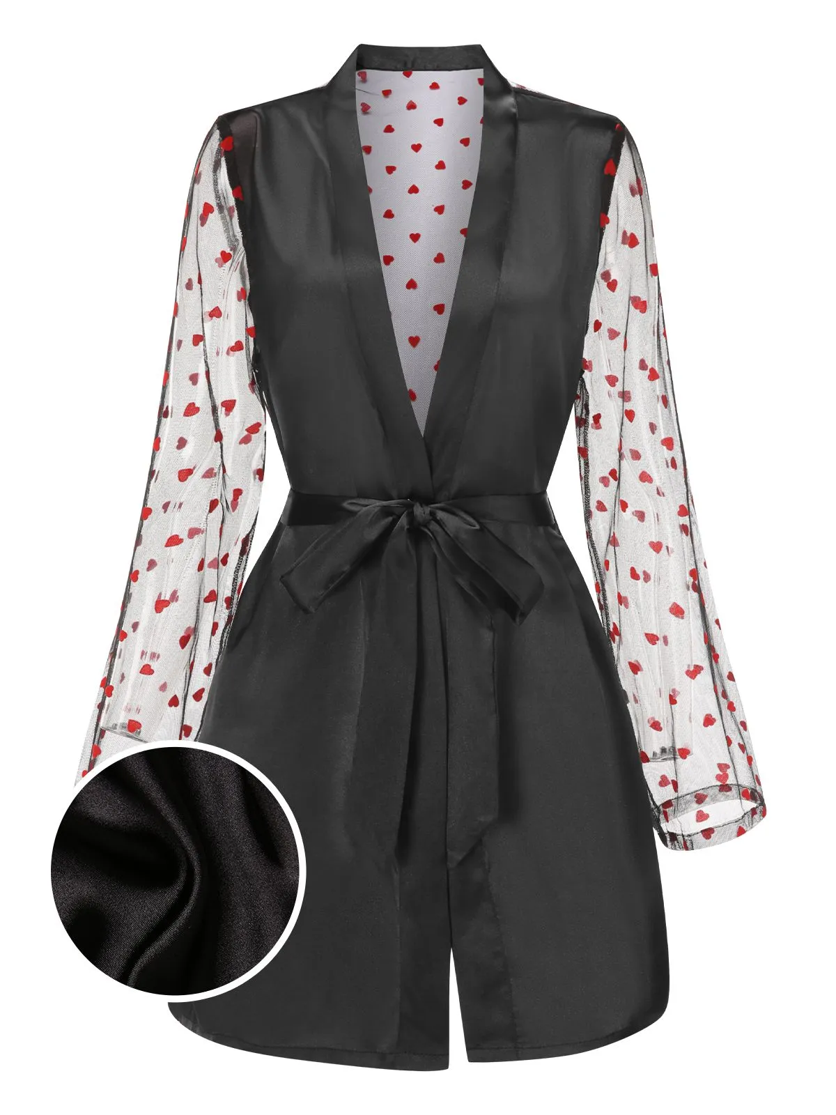 Black 1950s Hearts Dots Mesh Satin Sleep Robe sold by Retro Stage