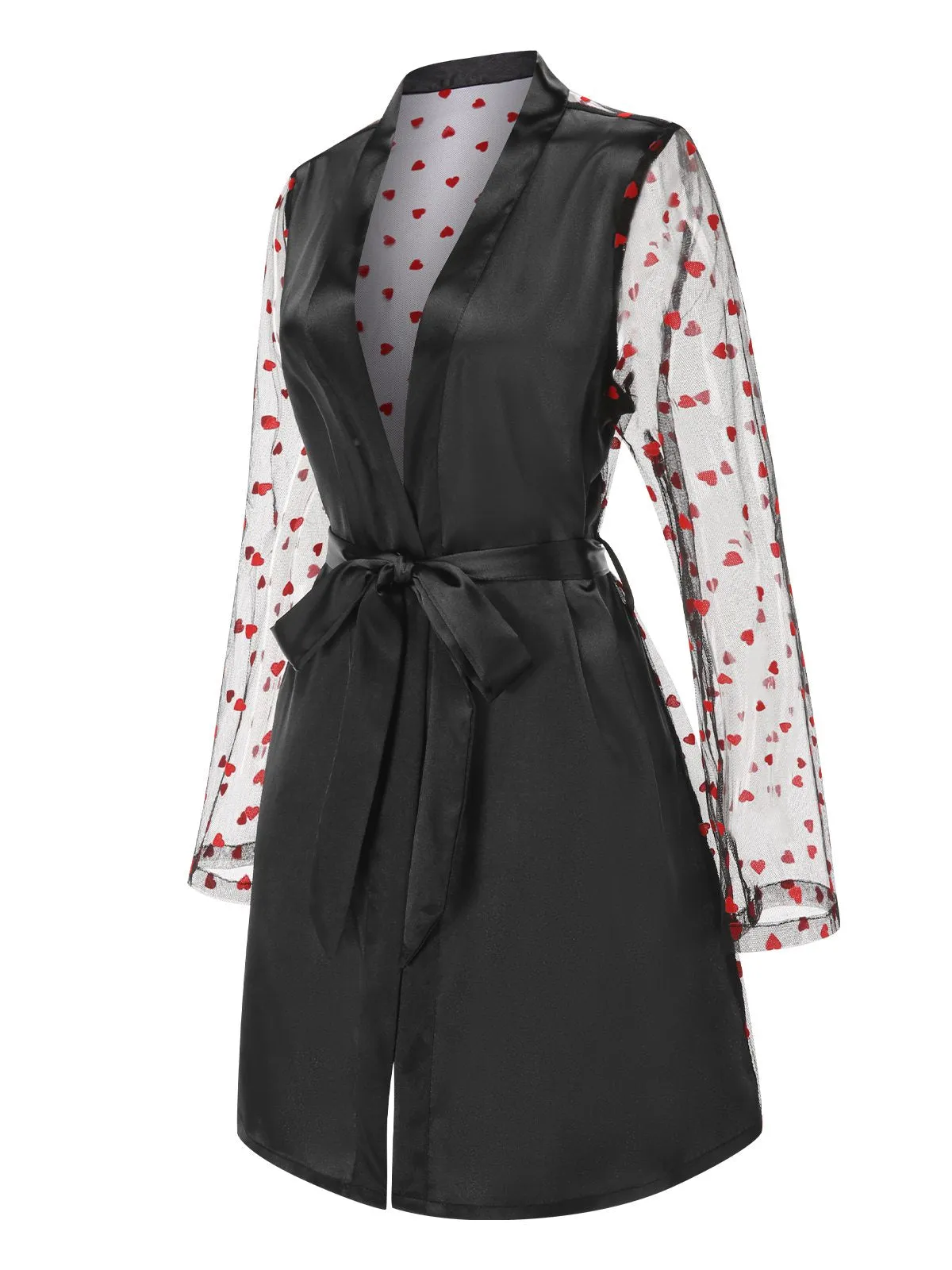 Black 1950s Hearts Dots Mesh Satin Sleep Robe sold by Retro Stage product image thumbnail 3