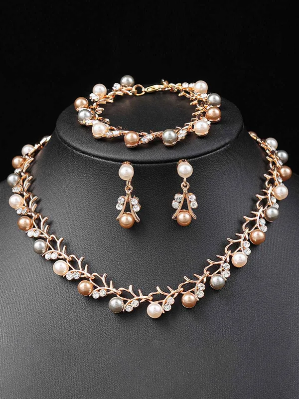 Pearl Rhinestones Vine Shape Necklace & Bracelet & Earrings Set sold by Retro Stage