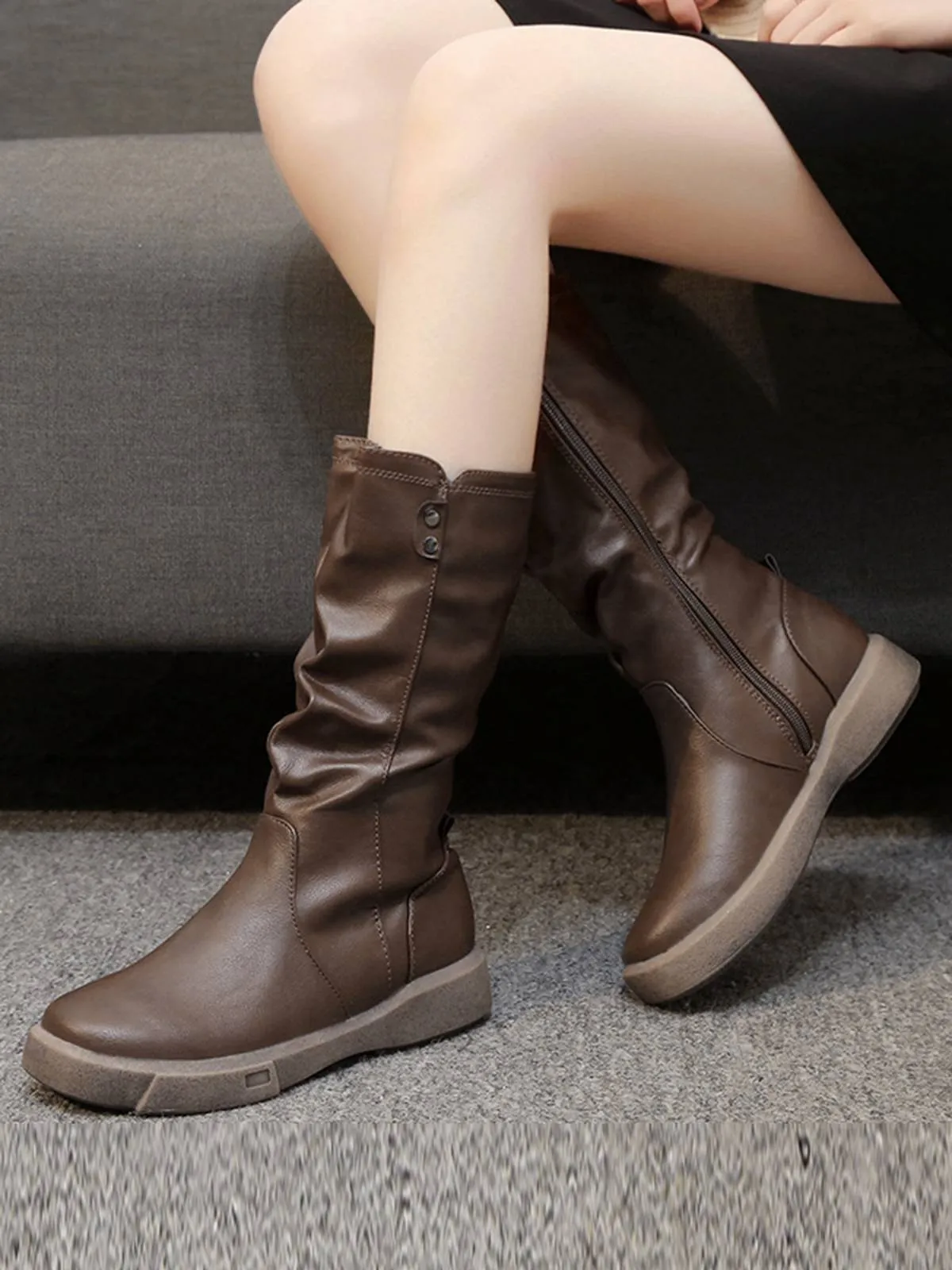 Brown Leather Stacked Pleated Flat Boots sold by Retro Stage product image thumbnail 2
