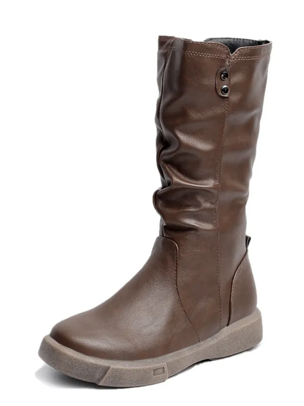 Brown Leather Stacked Pleated Flat Boots sold by Retro Stage