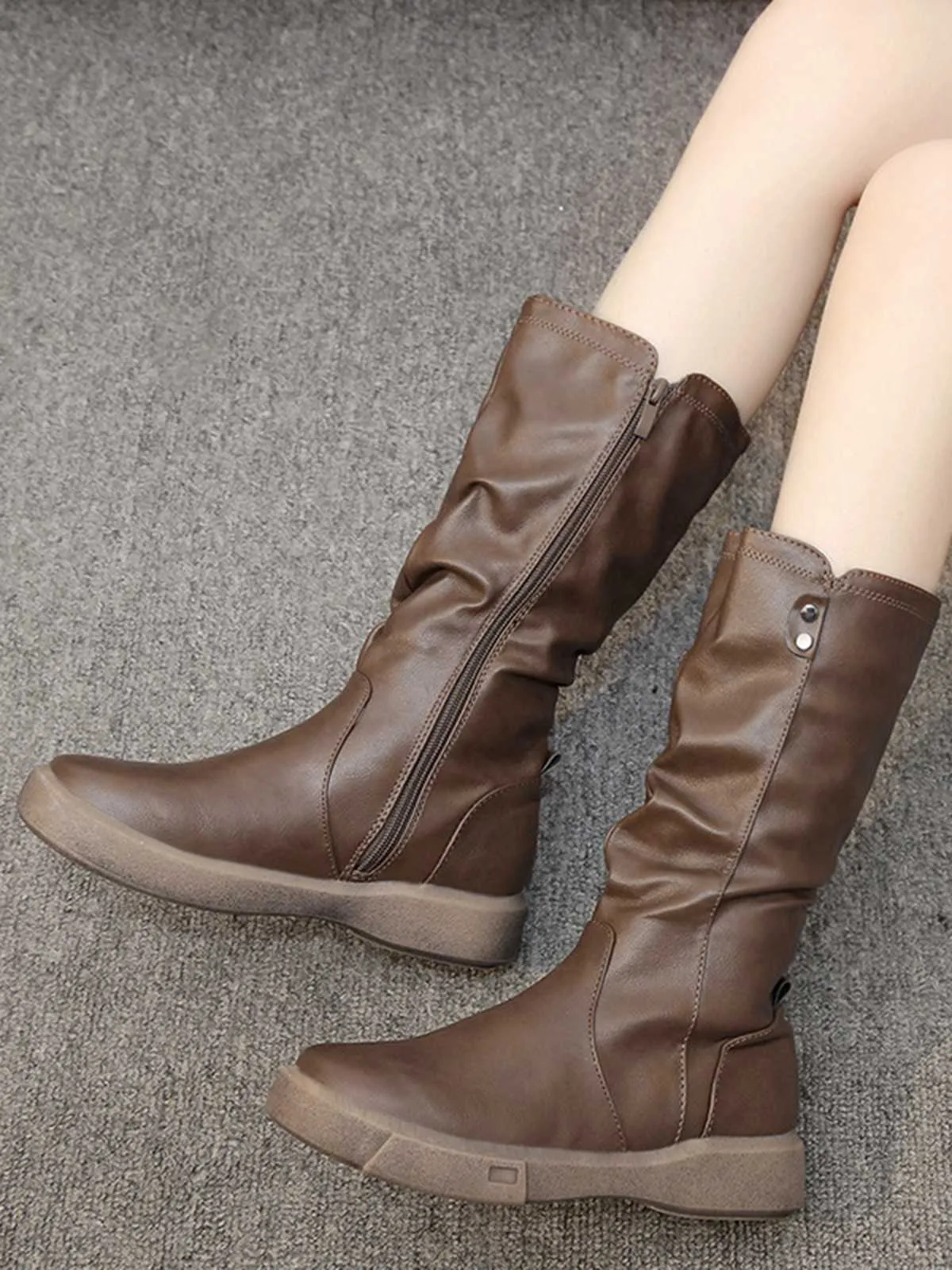 Brown Leather Stacked Pleated Flat Boots sold by Retro Stage product image thumbnail 3