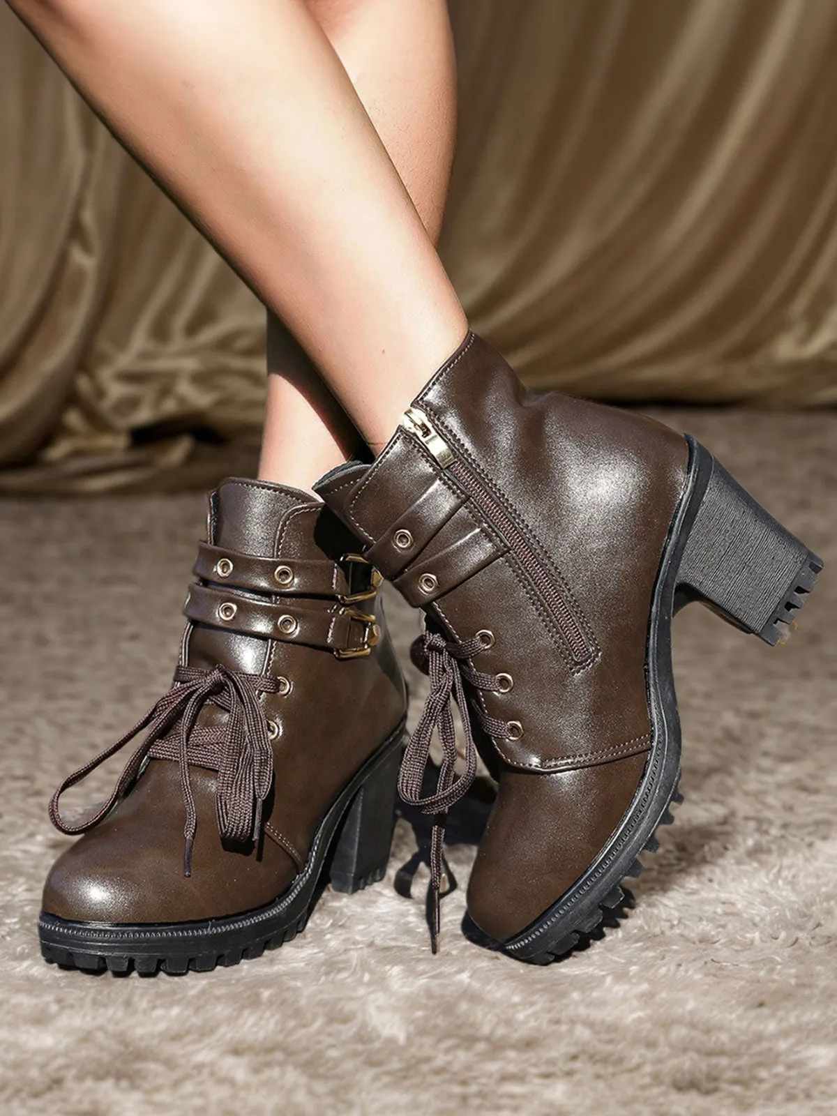 Coffee Leather Lace-Up High Heel Ankle Boots sold by Retro Stage