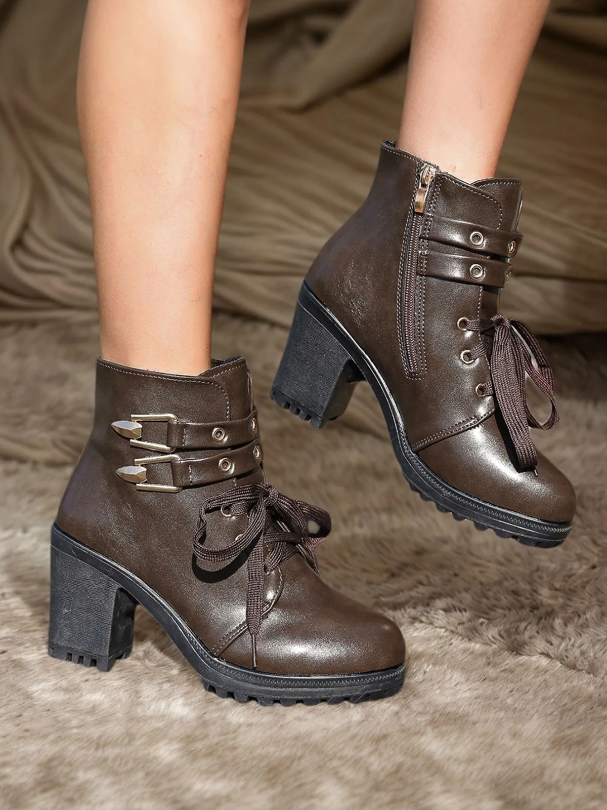 Coffee Leather Lace-Up High Heel Ankle Boots sold by Retro Stage product image thumbnail 3