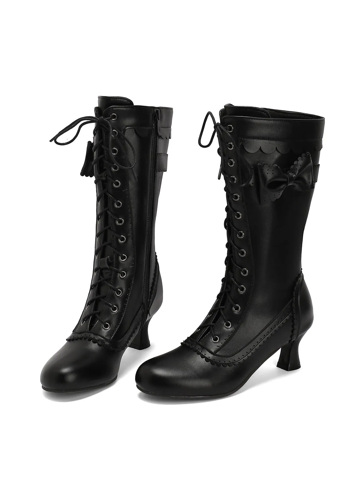 Leather Bow Lace-Up Calf High Boots sold by Retro Stage product image thumbnail 4