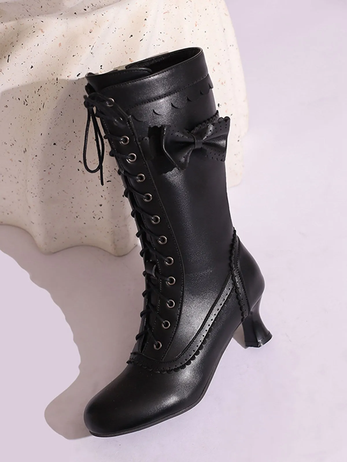 Leather Bow Lace-Up Calf High Boots sold by Retro Stage product image thumbnail 3