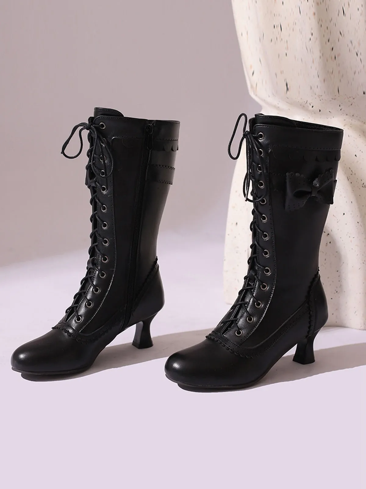 Leather Bow Lace-Up Calf High Boots sold by Retro Stage product image thumbnail 2
