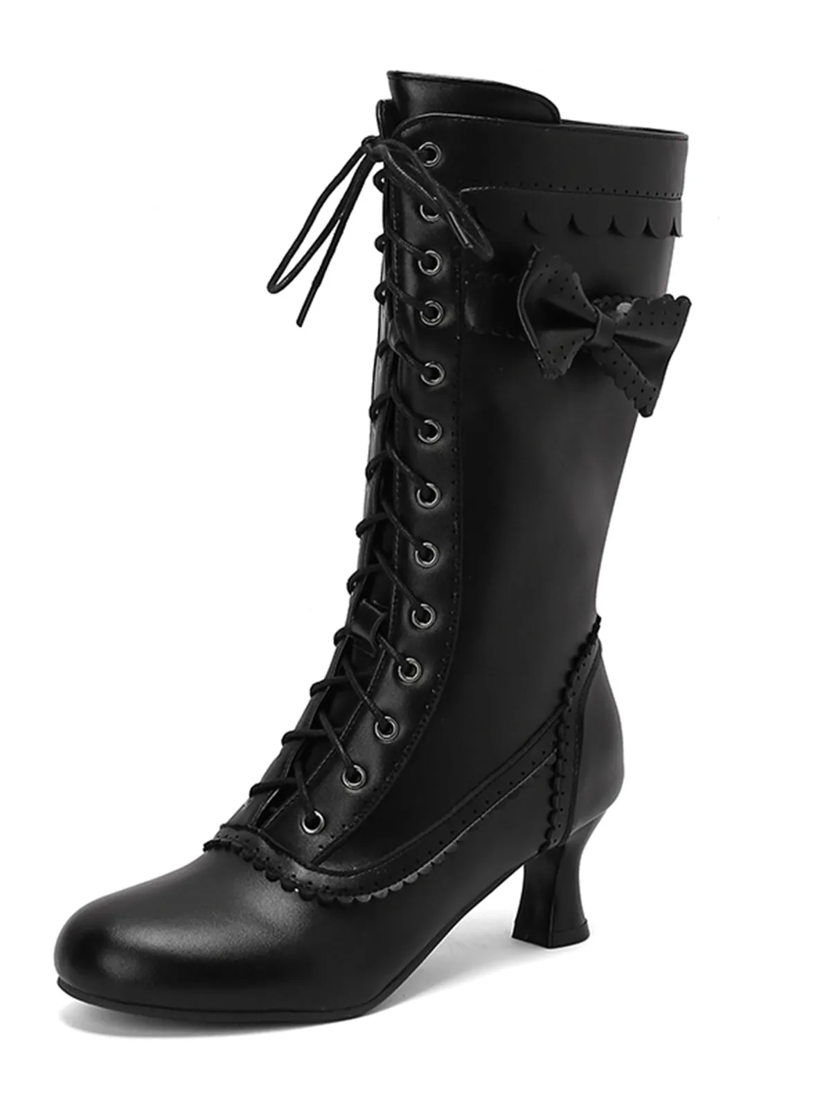 Leather Bow Lace-Up Calf High Boots sold by Retro Stage