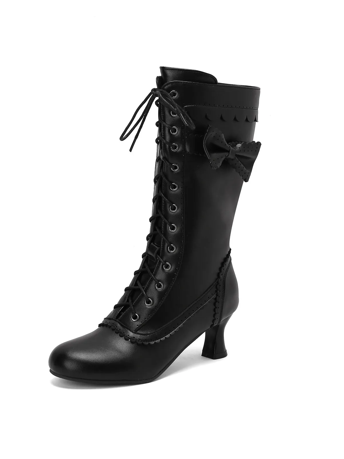 Leather Bow Lace-Up Calf High Boots sold by Retro Stage product image thumbnail 5