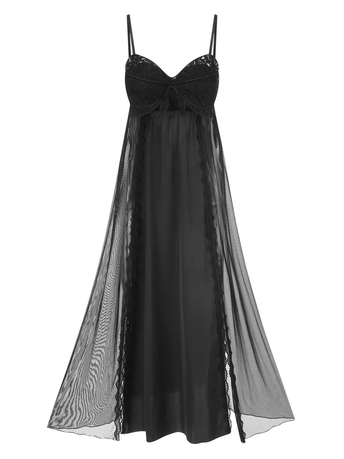 Black 1950s Spaghetti Strap Bow Lace Mesh Nightgown sold by Retro Stage product image thumbnail 2