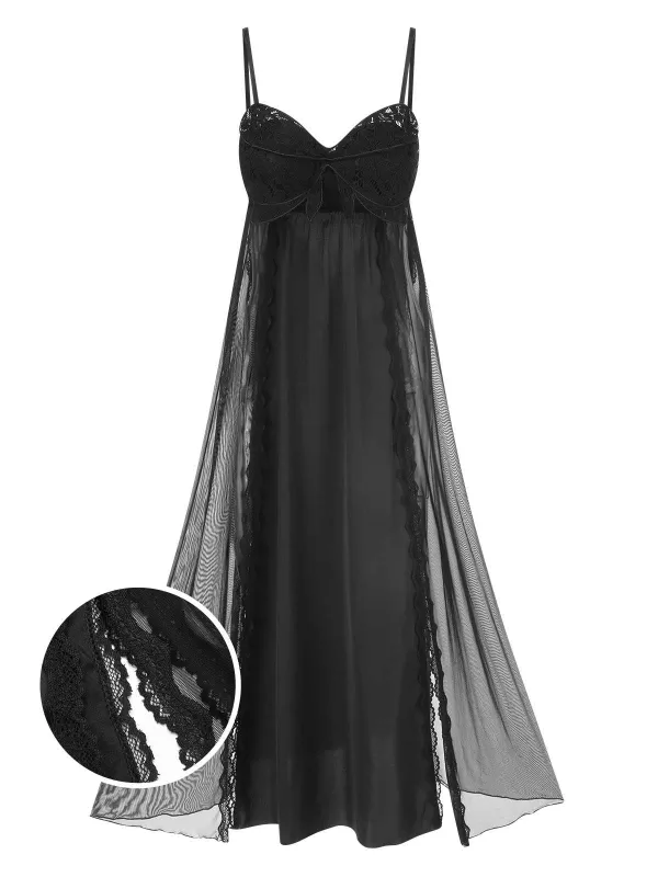 Black 1950s Spaghetti Strap Bow Lace Mesh Nightgown sold by Retro Stage