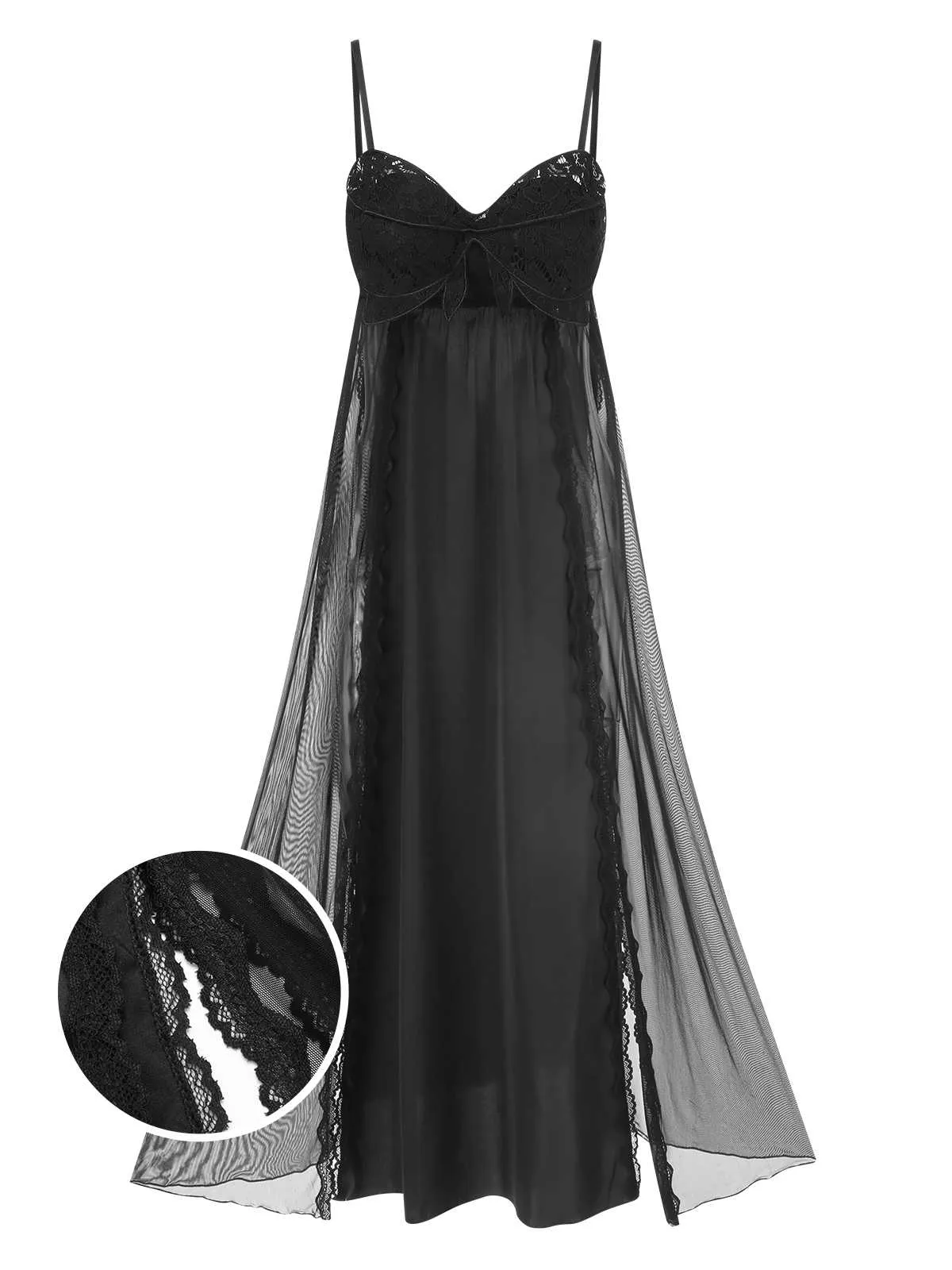 Black 1950s Spaghetti Strap Bow Lace Mesh Nightgown sold by Retro Stage