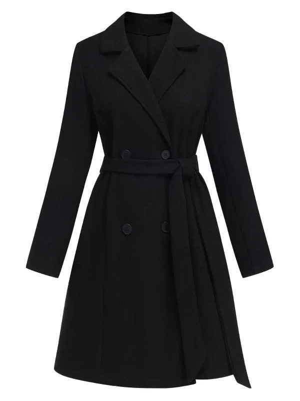 Black 1940s Double-Breasted Belted Solid Coat sold by Retro Stage