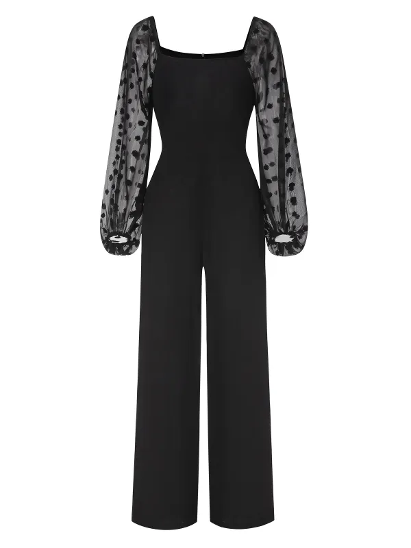 Black 1960s Flocked Square Neck Patchwork Jumpsuit made by Retro Stage